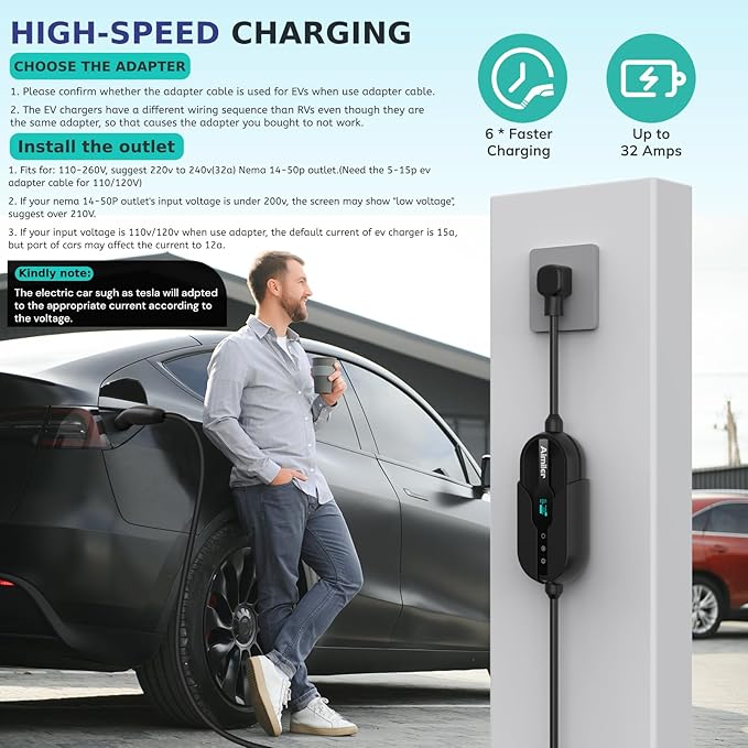 AIMILER Level 2 Tesla Charger(WiFi APP), 32A, 25ft Cable ETL Certified, 220V-240V NEMA 14-50P Plug EVSE w/Nacs Connector, Portable/Home Electric Car(EV) Charger for Tesla Model X/Y/3/S or Nacs EVs
