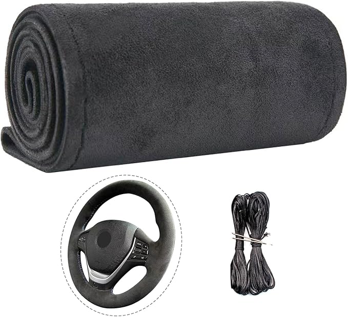Suede Leather Steering Wheel Cover Wrap Kit - DIY Stitch-On for 17-18" Wheels, Superior Sweat Absorption & Non-Slip Grip, Comfortable & Durable Year-Round Upgrade
