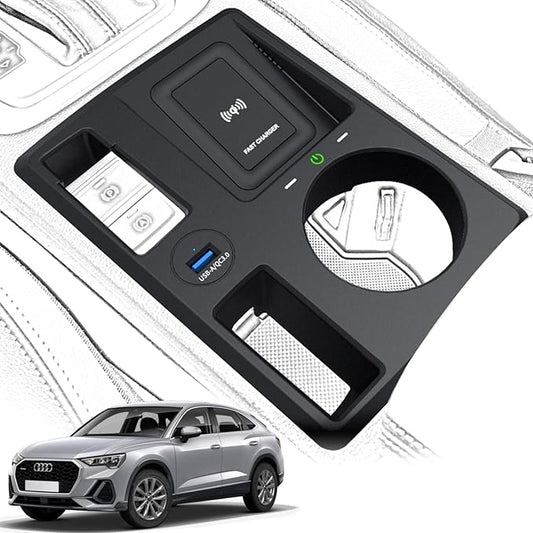 Wireless Car Charger for Audi Q3 2019-2022/Q3 Sportback 2020-2022/RS Q3 Sportback 2020-2022, 15W Qi Fast Charging Phone Charger Pad with QC3.0 USB Port for iPhone 12/13/13Pro Galaxy S22/S21
