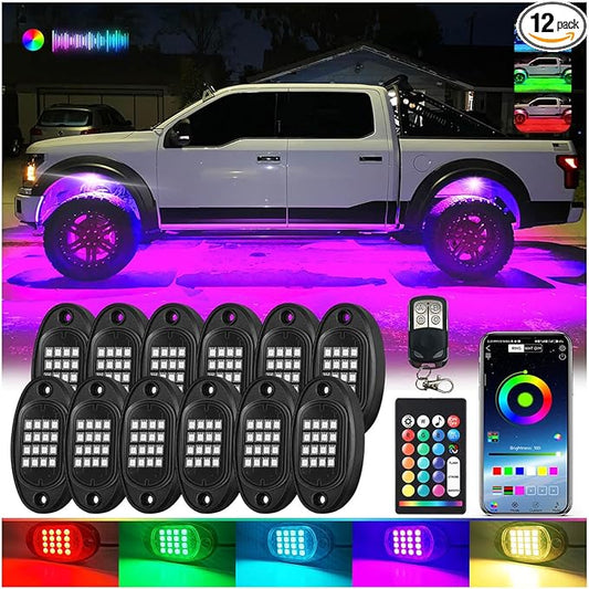 12Pods Segmented RGB LED Rock Lights Kit with APP/RF Remote Control, Upgraded Underglow Lights Multi Zone Neon Underbody Light Multi Color 12V Waterproof for Trucks Jeep UTV ATV Golf Cart Offroad SXS