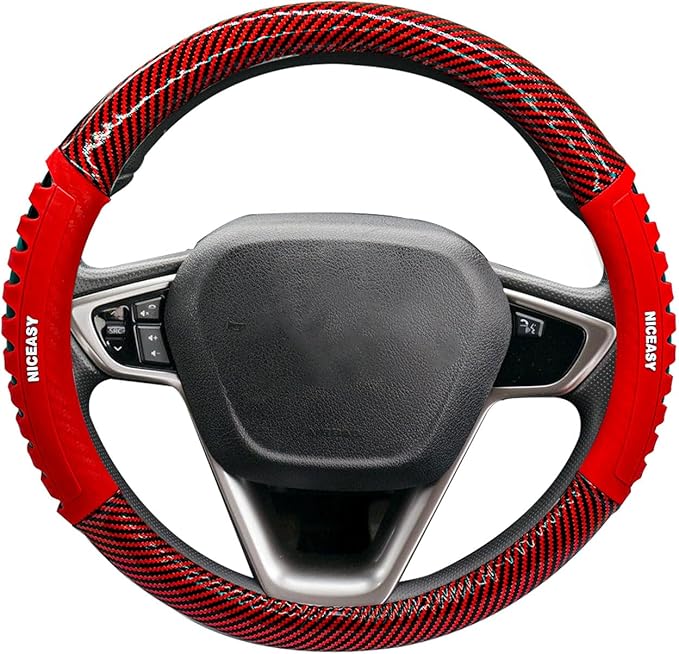 Sport Style Red PU Leather Steering Wheel Cover with Red Sport Grip Anti-Slip Breathable Steering Wheel Accessory Universal Fit 14.75-15 inch