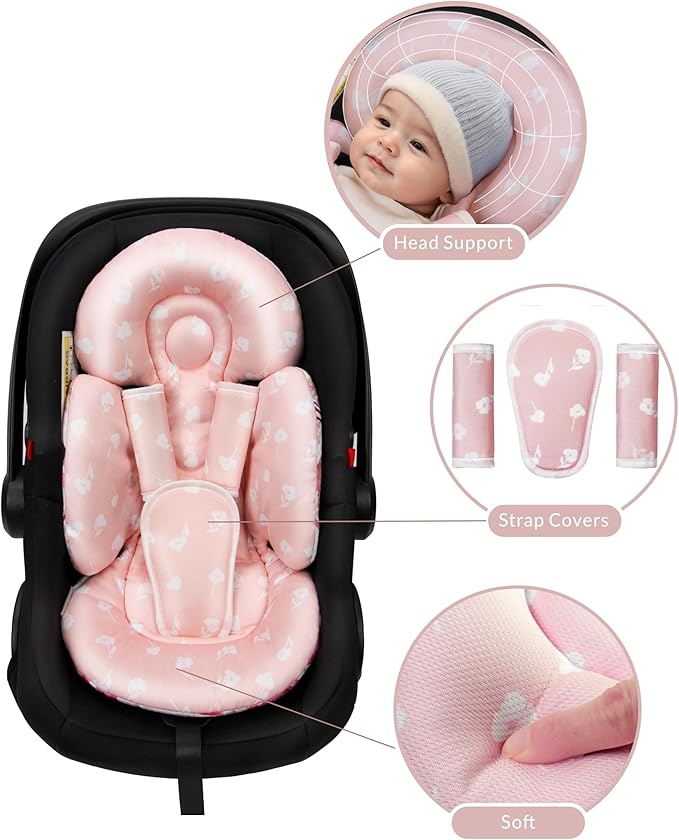 Newborn Car Seat Insert, Head and Body Support, Reversible Infant Insert Compatible with Baby Carseat, Stroller, Mamaroo Swing, Rocker, Bouncer. Baby Car Seat Cushion - Pink Floral