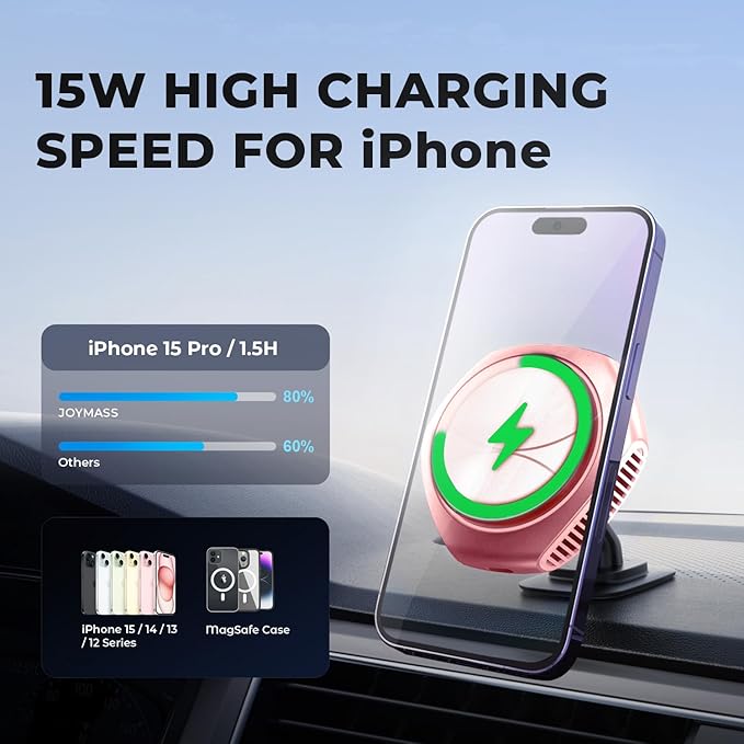 JOYMASS for MagSafe Car Mount Charger, 15W Fast Charging Magnetic Wireless Car Charger Phone Holder Mount Fits iPhone 15 Pro Max Plus 14 13 12 Mini MagSafe Case - Pink