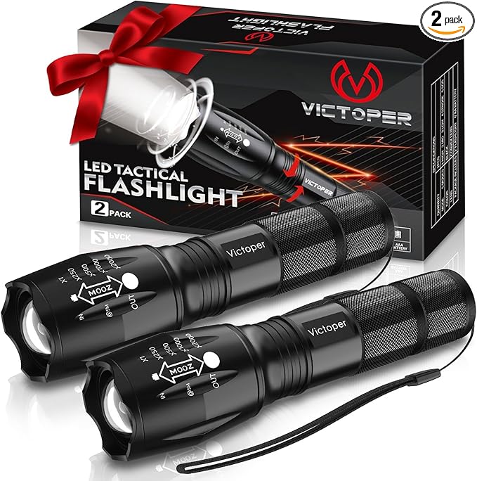 Victoper LED Flashlight 2 Pack, Bright Tactical Torch High Lumens with 5 Modes, Waterproof Zoomable Flash Light for Outdoor, Birthday Gifts for Men, Dorm Room Hiking Camping Essentials Gear for Guys