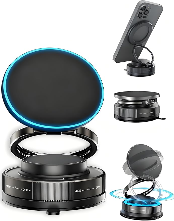 Vacuum Magnetic Car Phone Holder with Strong Magnets, 360° Adjustable Dash Cell Phone Holders, Foldabl Magsafe Car Mount with Vacuum Suction Cup for Cars/Gym/Mirror/Smooth Surface iOS Android, Black