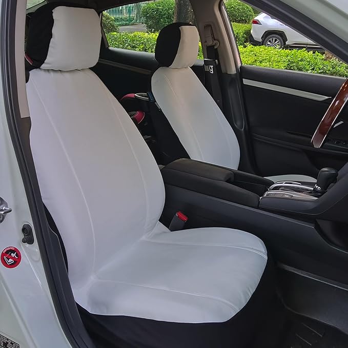Champlus Car Seat Covers, Canvas Seat Protectors for Two Front Seats, Universal Fits Sedan Cars, SUVs, Trucks, and Mini Vans, Airbag Compatible, Quick Install, Set of 2, Tech White