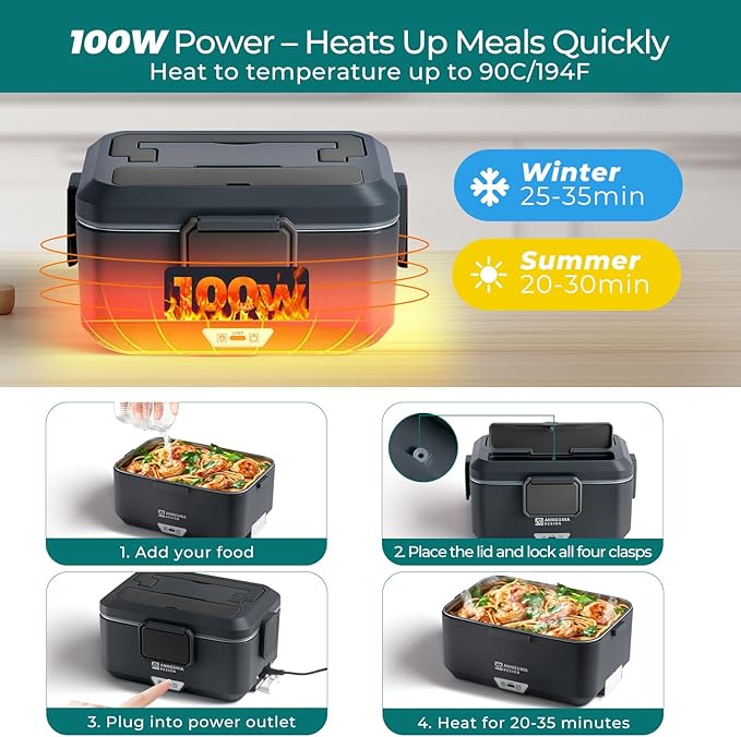 Annie & Mia Design Electric Lunch Box for Adults, 100w 3.5L 2-Layer Portable Food Warmer, Dual Mode 2.5L + 1L Heated Lunch Box for Adults, Home/Car/Office/Truck Use, Lonchera Eléctrica Portátil