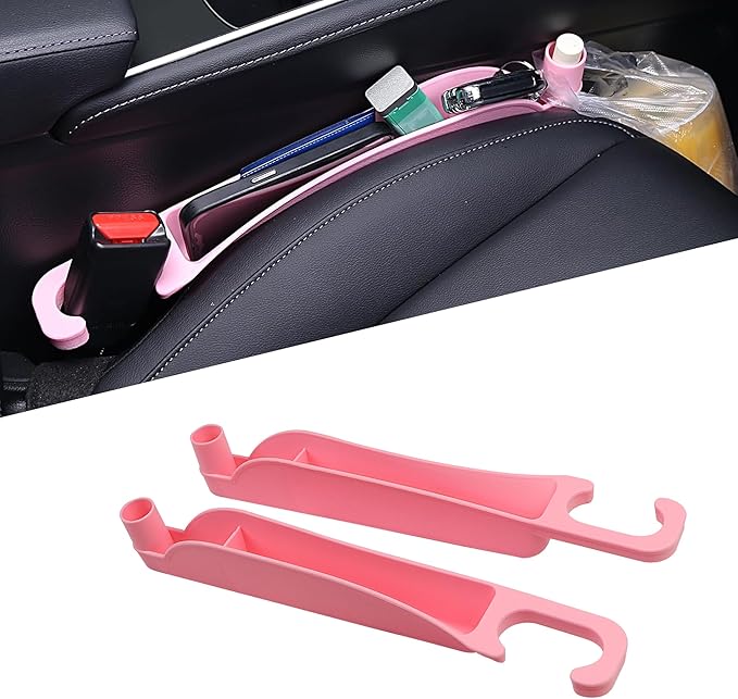 2PCS Car Seat Gap Filler Organizer, Multifunctional Seat Side Gap Filler Between Seat and Console, with Organizer & Hook Function for Avoiding Dropped Items, Universal Fits (Pink)