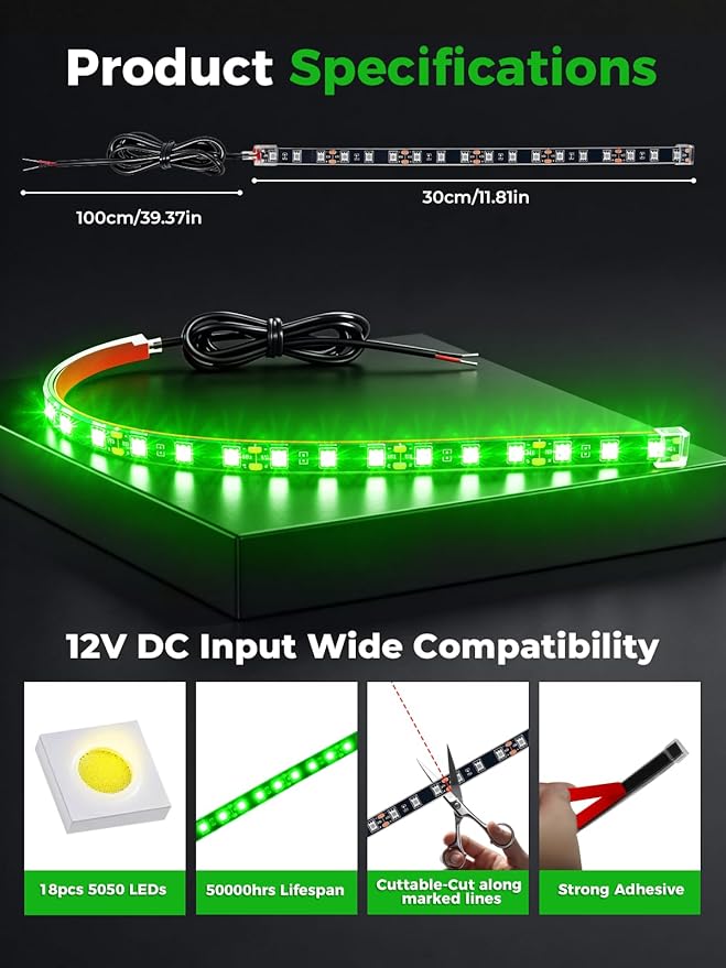 LED Strip Lights 12V Cuttable IP68 Waterproof 12 Inch Interior Exterior Underbody Light for Car SUV Truck Motorcycle Boat Golf Cart 18 SMD 5050 Green 4 Pack