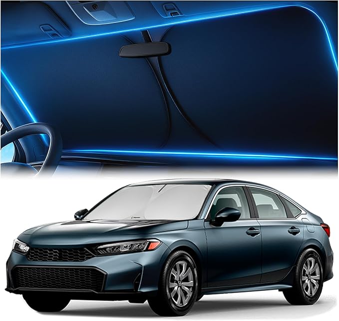 Windshield Sunshade for Honda Civic 2022 2023 2024 2025 2026 - Innovative No-Light-Pass Technology, Mirror Cut-Out, Blocks 99% UV Rays, Fade-Resistant, Easy-Fold Civic Windshield Sun Shade