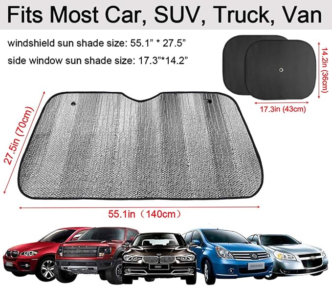 Big Ant Windshield Sun Shade + Bonus Car Window Shade, Car Sun Shade Keeps Vehicle Cool-UV Ray Protector Front Windshield Sunshade Fit for Most Cars SUV Trucks Minivans(55.1 x 27.5 inches)
