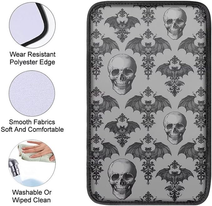 Dreaweet Gothic Car Center Console Cover Gray Bat and Skull Print Arm Rest Cover Halloween Car Accessories Interior Universal Middle Console Covers for SUV Sedan