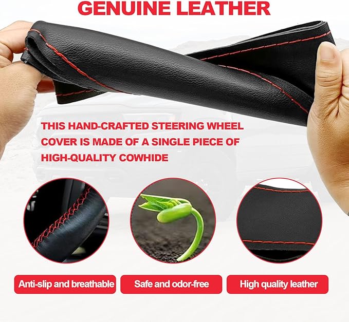 Direct Genuine PU Leather Steering Wheel Cover, 15 Inch Non-Slip Breathable/Soft and Comfortable Feeling, Genuine PU Leather Stitch On Wrap for Car Truck SUV - DIY Sewing with Needle Thread (red)