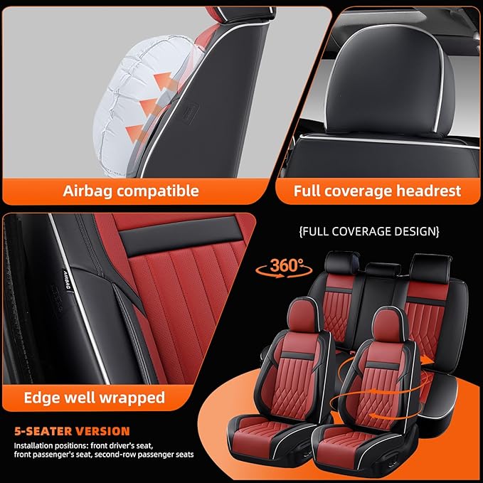 KEYOOG 5-Seater Waterproof and Breathable Nappa Leather Car Seat Covers Full Set, Fit for Front and Rear Seats of Cars, Compatible with Airbags, Car Seat Protector Covers for Most Cars - Black Red