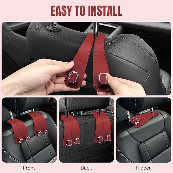 2PCS Car Hooks for Headrest, Faux Leather Purse Hook for Car Seat Back Organizers and Storage, Double Metal Purse Holder Bag Hanger, Universal Car Interior Accessories for Women Man