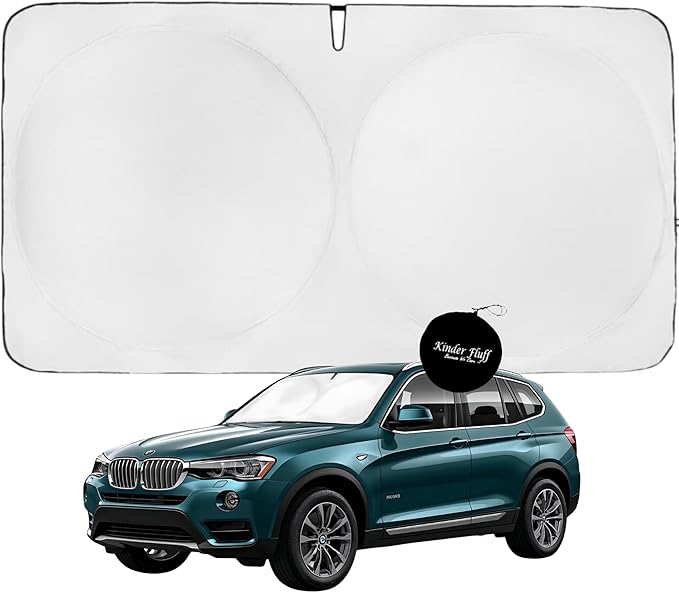 Windshield Sun Shade -Certified 99.87% UVB & 99.02% UVA Car Sun Shade. Award Winning Sunshade - Patented Technology | Compatible for BMW X3 2018–2026 | Car Shades by Kinder Fluff
