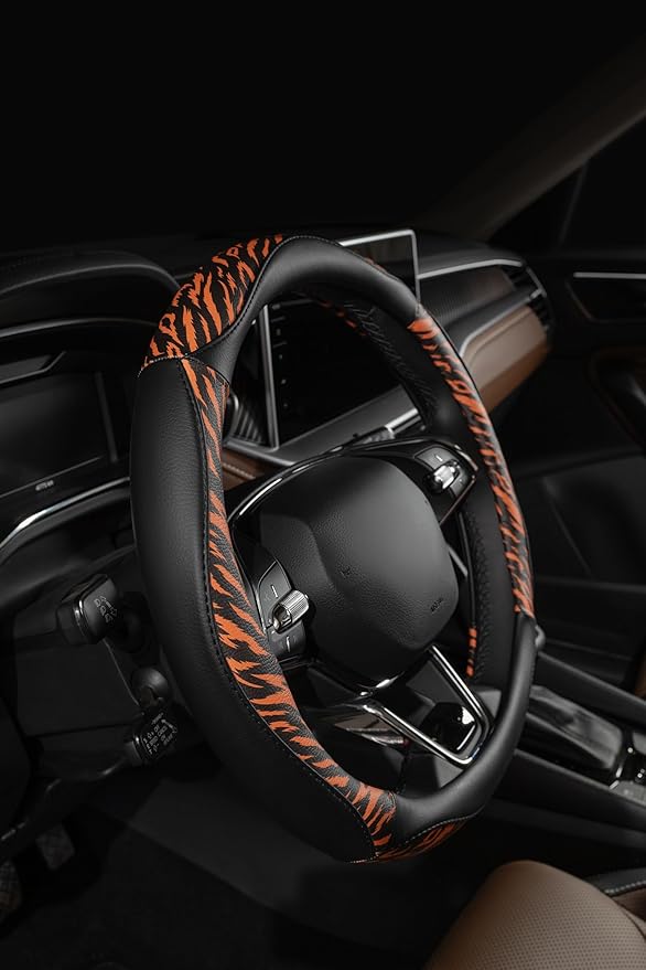 Lord Autofashion Steering Wheel Cover – PU Leather, Non-Slip Rubber Inner, All-Season Comfort – 14.5–15 Inch (Black/Tiger 8684)