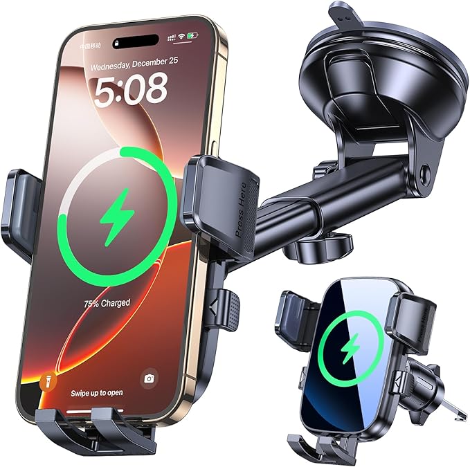 Kaistyle Wireless Car Charger【One Hand Manual Clamping】 Fast Wireless Charger for Car Phone Holder Mount Charger Phone Holders for Your Car Dashboard/Windshield/Vent Truck Mount for iPhone Samsung