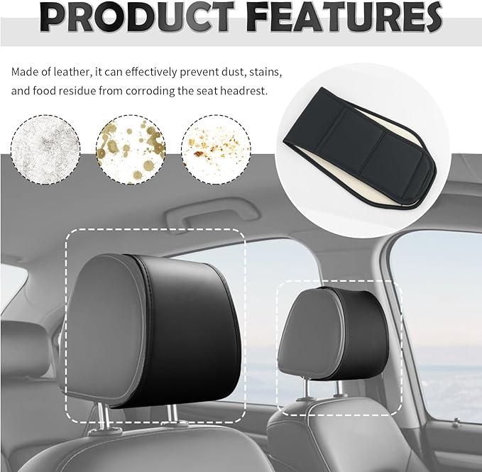 2PCS Multi-Purpose Car Headrest Covers with Pocket Design,Car Headrest Cover for Seat Back Organizer Storing Phone Cards,Universal Leather Head Rest Cover for Interior Decoration