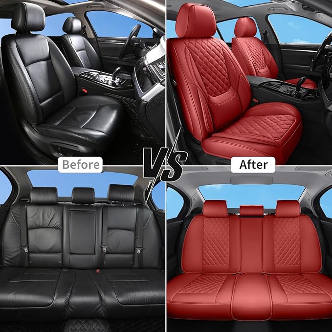 Car Seat Covers Full Set Red, Luxury Faux Leather Waterproof Non-Slip Women Seat Protector Universal Fit for Most Cars SUVs Trucks Pick-ups,Car Interior Accessories (Red-Full Set)