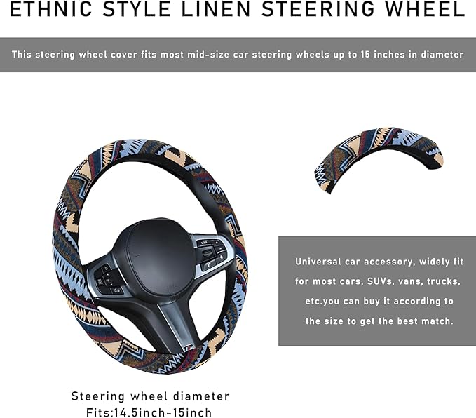 Boho Steering Wheel Cover, 15.0"×15.0" Anti-Slip Baja Blanket Ethnic Steering Wheel Protector, Breathable Flax Cloth Elastic Bohemian Steering Wheel Cover, Car Accessories (Style H)