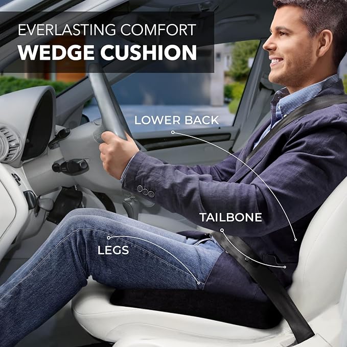 Everlasting Comfort Memory Foam Car Seat Cushion - Tailbone Pain Relief, Driving Seat Cushion for Short People - Office, Wheelchair, Gaming Chair, Travel - Non-Slip, Washable Cover