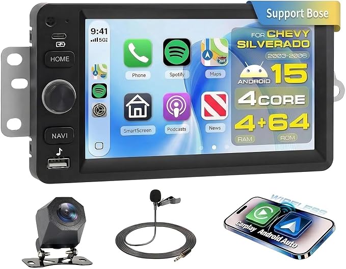 4 Core 4+64G Car Radio (Fit B.O.S.E) for 2003-2006 Chevy Silverado Impala Tahoe GMC Sierra Yukon Hummer H2, 7" HD Touchscreen Android Stereo with 5G WiFi Carplay Android Auto EQ FM SWC Backup Camera