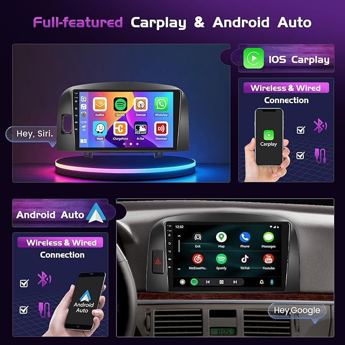 4+64GB Android 15 Car Stereo for Hyundai Santa 2004-2008 Wireless Carplay Android Auto 9" Touch Screen Car Radio Dash Kit with GPS WiFi Bluetooth SWC DSP EQ Mirror Link Backup Camera