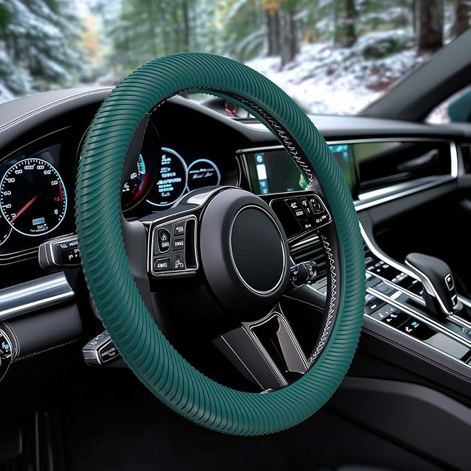 WOCOCN Car Steering Wheel Cover, Thin Anti-Skid Silicone Steering Wheel Cover for Men & Women, Universal Automotive Interior Accessories for Most Cars (Dark Green)