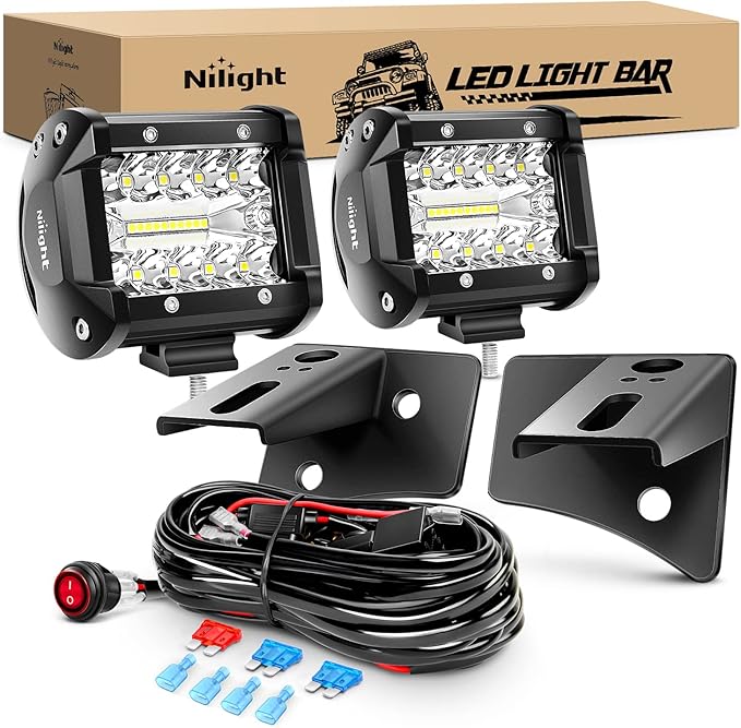 Nilight 2Pcs 4Inch LED Pods Bar Triple Row 60W Flood Spot Combo 6000LM Driving Off Road with 2007-2017 Wrangler JK/JKU 2DR 4DR A-Pillar Windshield Hinge Mounting Brackets Wiring Harness Kit