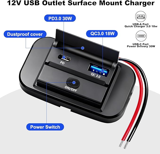 12V Flush Mount USB Charger with Power Switch, Multi-Port Car Charger for RV, Boat, Car, Bus, ATV, Motorcycle - Panel Mount Charging Accessories (PD+QC)