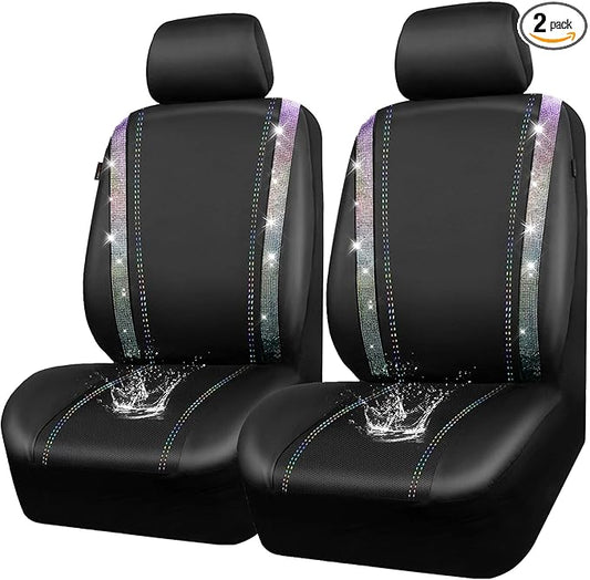 CAR PASS Leather Bling Diamond Car Seat Covers 2 Front Interior Sets, Waterproof Universal Shining Glitter Crystal Sparkle Fit for 95% Auto Truck SUV Cute Women Girl, Black Multicolor Rhinestone