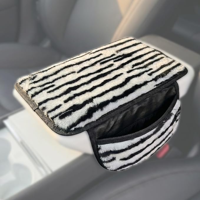 Plush ZebraPrint Car Center Console Cover with Side Pockets, Fluffy Armrest Cushion Pad,Soft Zebra Car Interior Decorations Accessories with Storage for Women,Universal Fit for Vehicles SUV Truck