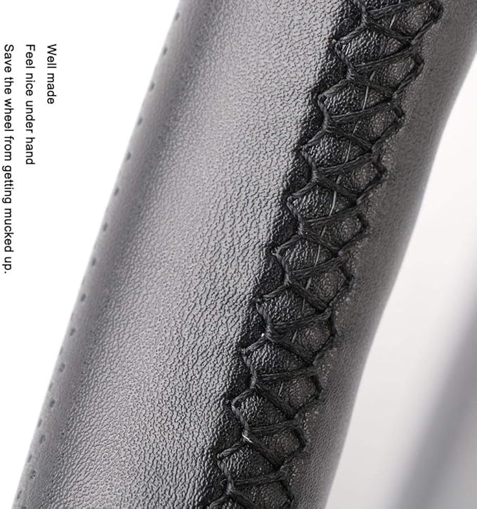 Universal Genuine Leather Steering Wheel Cover Hand Sewing Breathable Design 15 Inch DIY Cowhide Car Steering Wrap Black