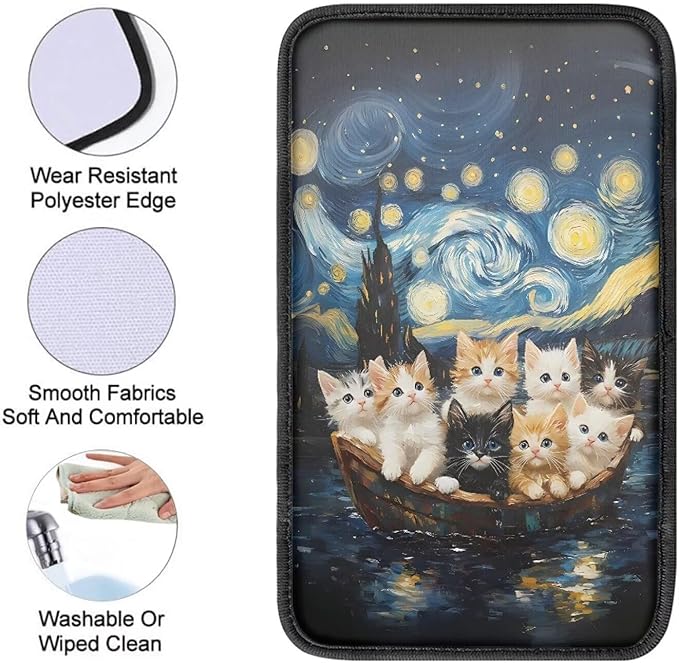 Auto Center Console Pad Oil Painting Starry Sky Cats Car Armrest Cushion Covers, Protect from Pet Claws, Dirt, and Sticky Fingers