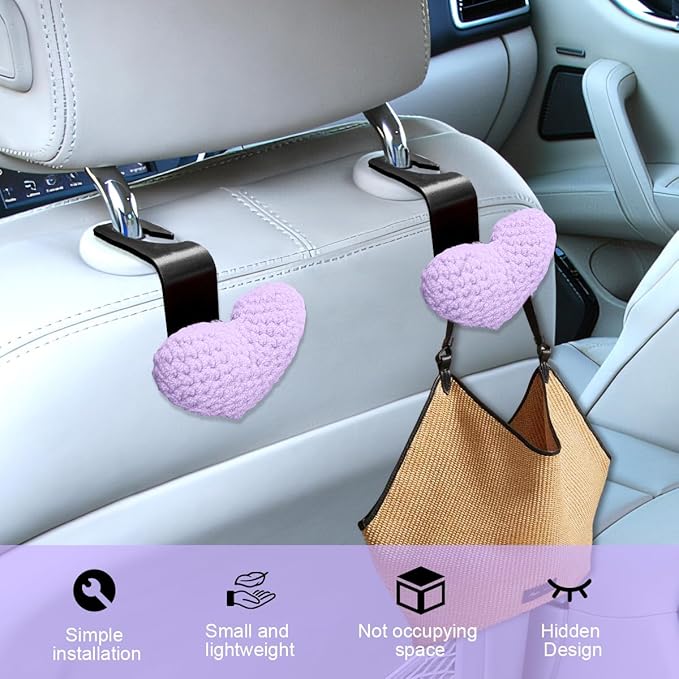 2PCS Car Headrest Hook, Cute Wool Heart Vehicle Seat Hangers for Umbrellas Grocery Bags, Automotive Interior Backseat Storage Organizer Hook, Universal for SUV, Sedan, Truck (Purple)