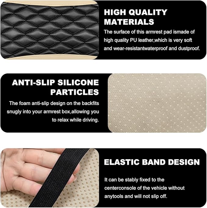 Car Center Console Cushion Pad, 12.6 × 7.48 Inches Waterproof Car Armrest Seat Box Cover, PU Leather Armrest Cover Protector for Most Vehicle, Universal Car Interior Accessories (Black+Beige)