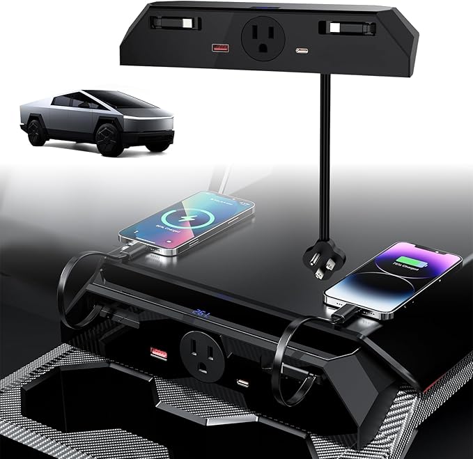 USB Charger Hub for Tesla Cybetruck with 110V AC Outlet & Retractable Cables - Seamless Integration, 30W PD/QC3.0 Fast Phone Charge, Center Console Docking Station Cybetruck Accessories (Black 1.0)