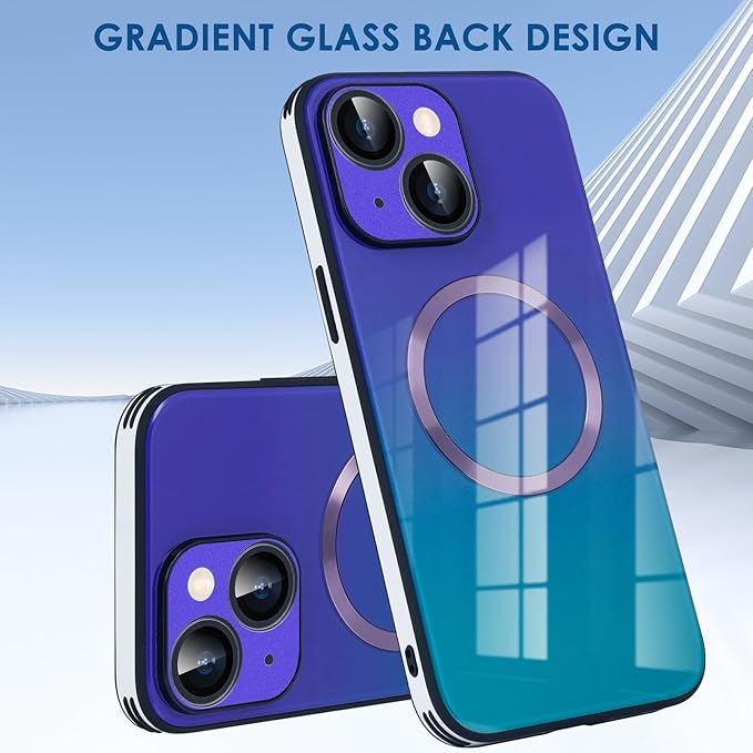 Guppy Compatible with iPhone 15 Plus Case Magnetic, with Full Camera Lens Protector [Compatible with MagSafe] Scratch Resistant Gradient Glass Back Cover Phone Case-Purple