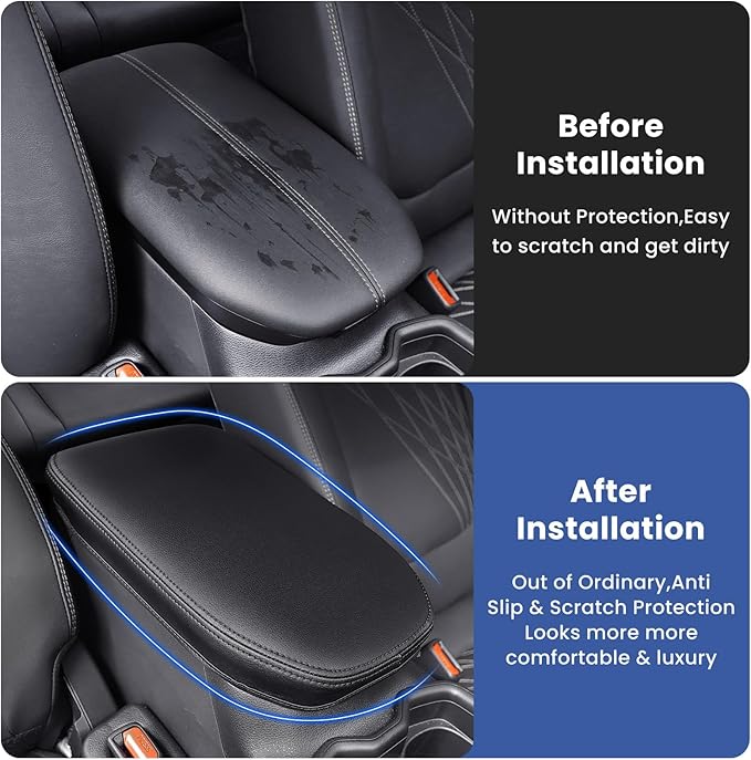 Center Console Cover for Toyota RAV4 2019-2025, Upgraded PU Leather Armrest Cover for RAV4 Adventure/Hybrid/XLE/LE/Limited/TRD Off-Road/Premium/XLE Premium (Black Stitching)