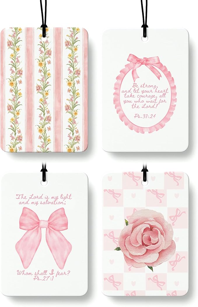 Pink Floral Christian Cologne Car Air Freshener 4 Pcs, Coquette Preppy Pink Bow Flower Hanging Air Freshener for Cars Bathroom Dorm Books Decor, Christian Accessories Gifts for Women Girls