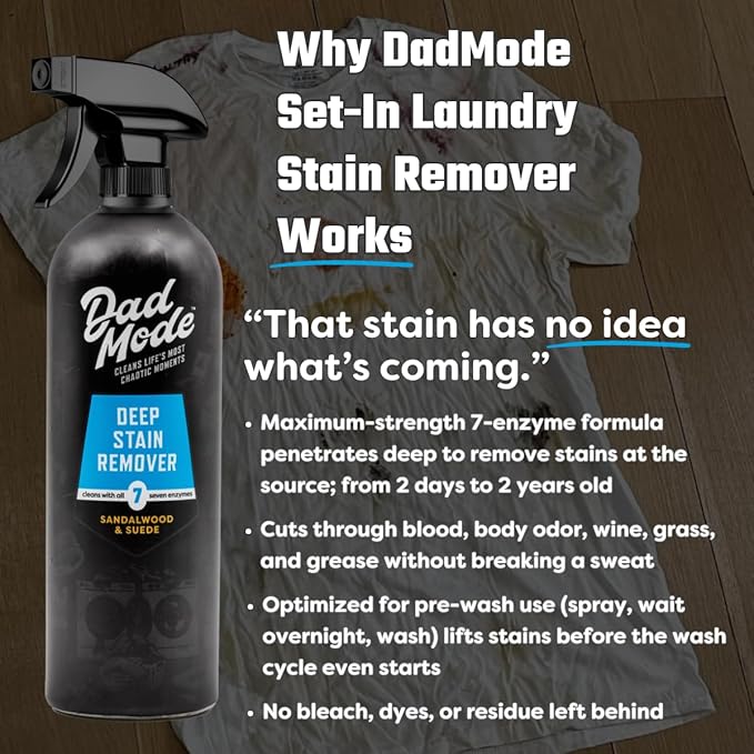 DadMode Laundry Stain Remover | 7-Enzyme Spray for Deep, Aged, Set-In Clothing Stains | Enzyme Booster Cleans Bodily Fluids, Oil, Wine, Turmeric | Sandalwood & Suede | 16oz Bottle + Refill Pouch