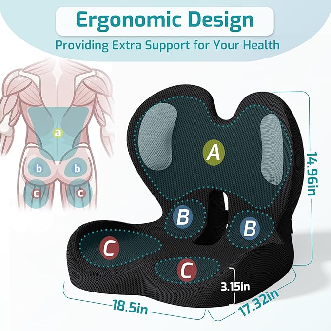 Ergonomic Seat Cushion,Office Chair Cushion with Lumbar Support Pillow,Car Orthopedic Seat Cushions,Designed for Sciatica,Tailbone,Back Pain Relief,for Office,Car,Truck,Home,Desk Chair
