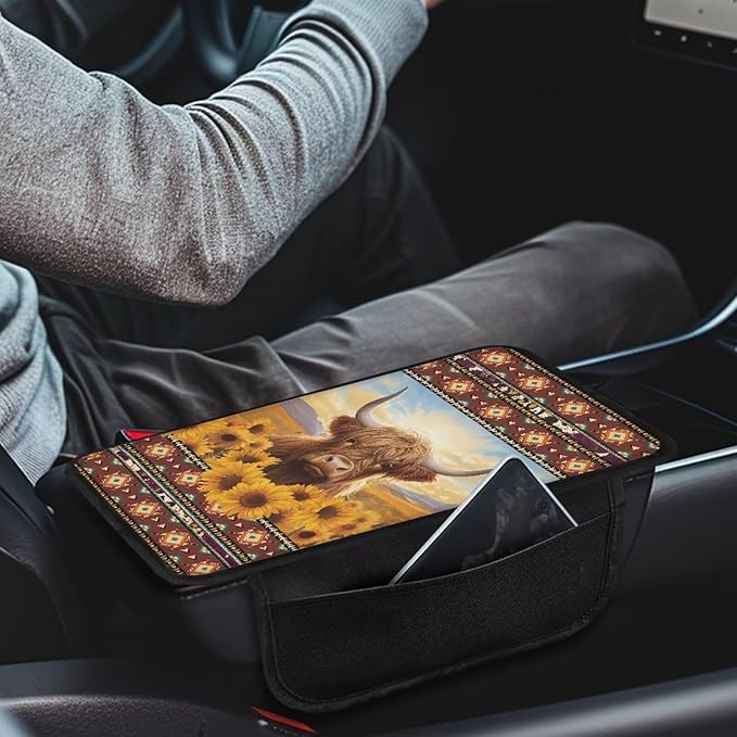 Aztec American Tribal Print Car Armrest Cover Cattle Sunflower Design Middle Console Cover Breathable Vehicle Armrest Cover Pad Armrest Seat Box Cover Protector