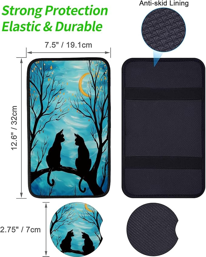 Car Armrest Cover Pads Universal Fashion Cute Auto Center Console Armrest Cover Pad with 2PCS Car Coasters Soft Waterproof Car Armrest Seat Protector for Women, Two Cats Tree Branch Moon