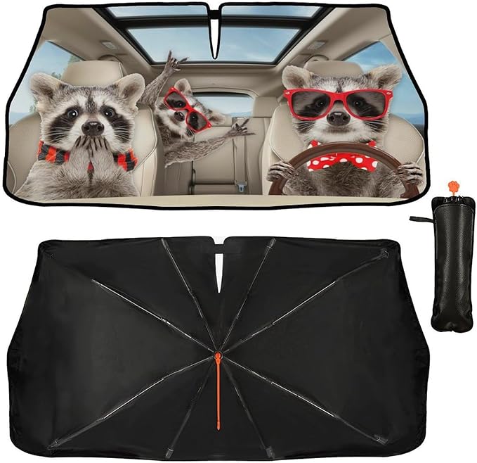 CHILL·TEK Funny Animals Car Windshield Umbrella, Raccoons Sun Shade Umbrellas for Car Front Window,Block UV Rays Foldable Windshield Umbrella Sun Visor Protector-Keep Vehicle Cool for Most Vehicles