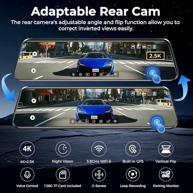 LD4K Max Mirror Dash Cam with 4K Front and 2.5K Rear Camera, STARVIS 2 Sensor, with ADAS BSD LCA Smart Mode, GPS, G-Sensor, Loop Recording, Parking Monitor, Voice Control, 5.8GHz WiFi,128GB Card