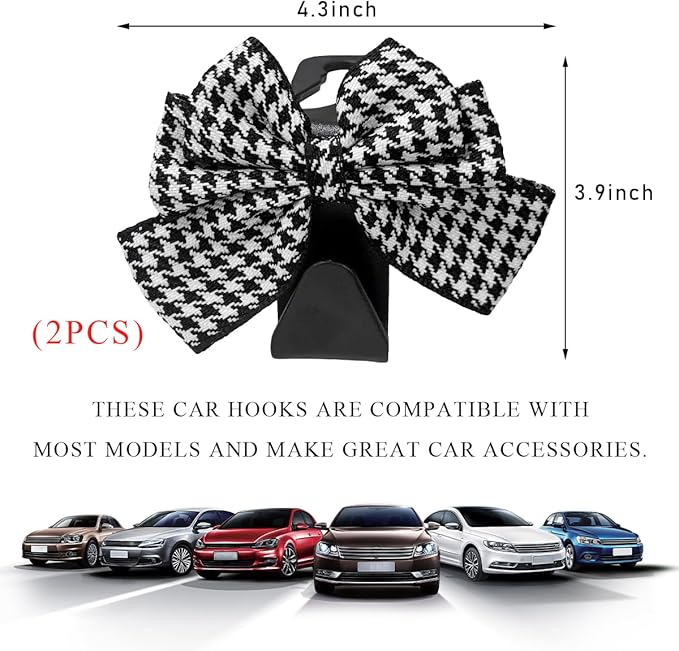 2 PCS Car Seat Headrest Hooks, Cute Bow Shaped Vehicle Backseat Storage Hooks, Leather Bow Shaped Sturdy Car Seat Back Hooks for Purses/Coats/Umbrellas, Car Accessories (Houndstooth)