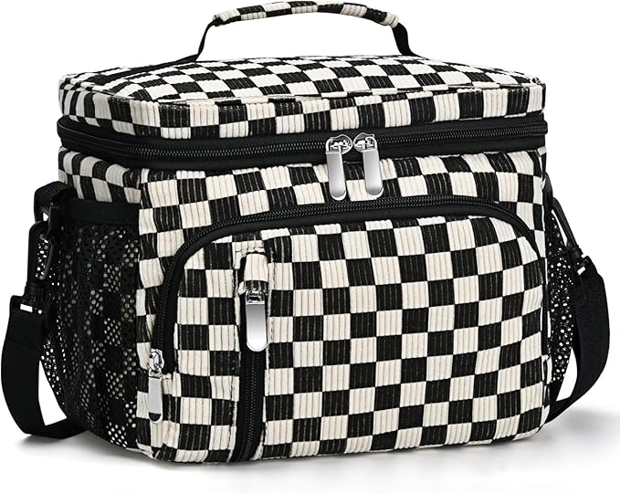 Insulated Lunch Bag for Men & Women, 9L Leakproof Lunch Box Soft Cooler Tote with 5 Pockets, 600D Oxford, EVA Lining, Adjustable Strap for Work, Picnic, Beach&Travel-Corduroy Black Checkered