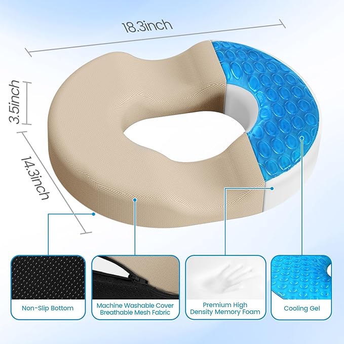 Donut Pillow Seat Cushion - Cooling Gel Outdoor Chair Cushions, Memory Foam Seat Cushion for Office & Home, Car Seat and Patio Furniture Cushions, Hemorrhoids Pillow and Tailbone Pain Relief, Khaki